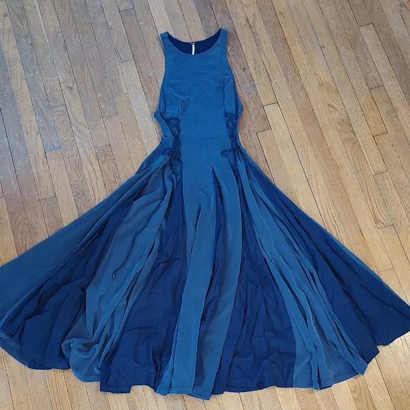 Free People Maxi Dress Medium Stella Cupro Lace-up Pleated Navy Blue Boho - Picture 5 of 14